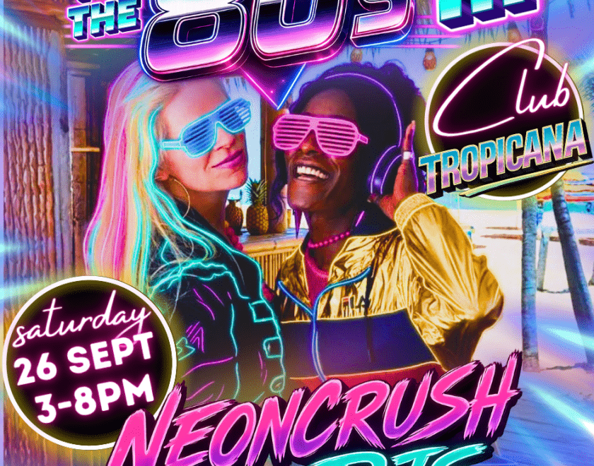 BACK TO THE 80s III - Daytime Disco, DJ's pictured on tropical beach with neon accents. Free drink on Entry. QR code with ticket link