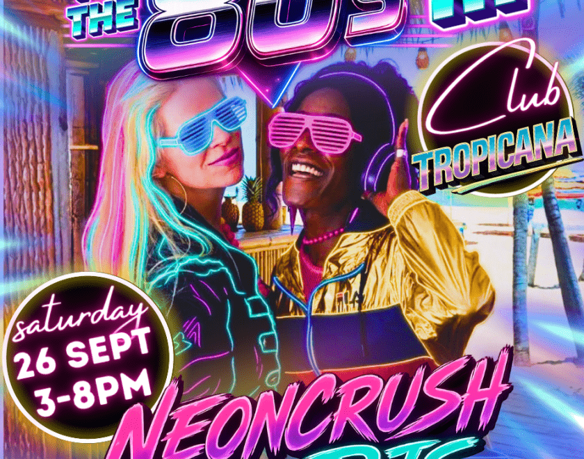 BACK TO THE 80s III - Daytime Disco, DJ's pictured on tropical beach with neon accents. Free drink on Entry. QR code with ticket link