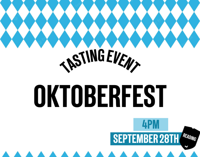 Text advertising Oktoberfest tasting event with a blue and white bavarian flag.