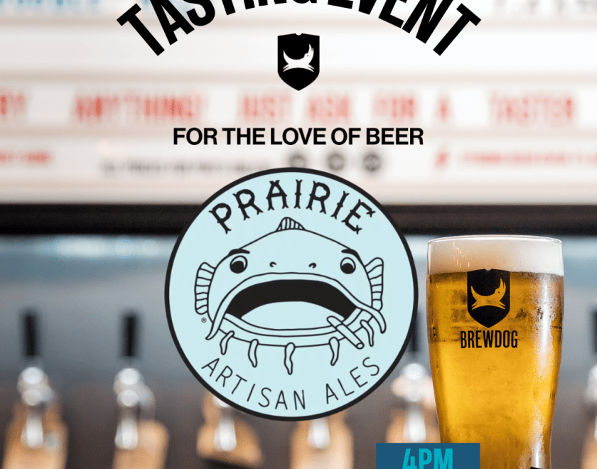 Text saying tasting event with a background showing a beer. The Prairie logo in the foreground.