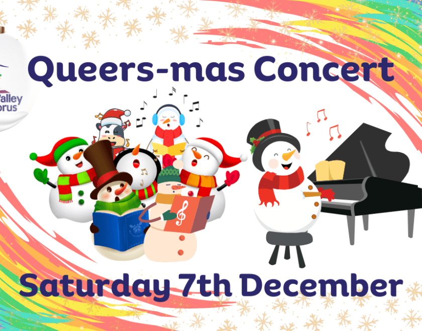 Poster of snow people singing and playing piano for TVGC Queers-mas Concert