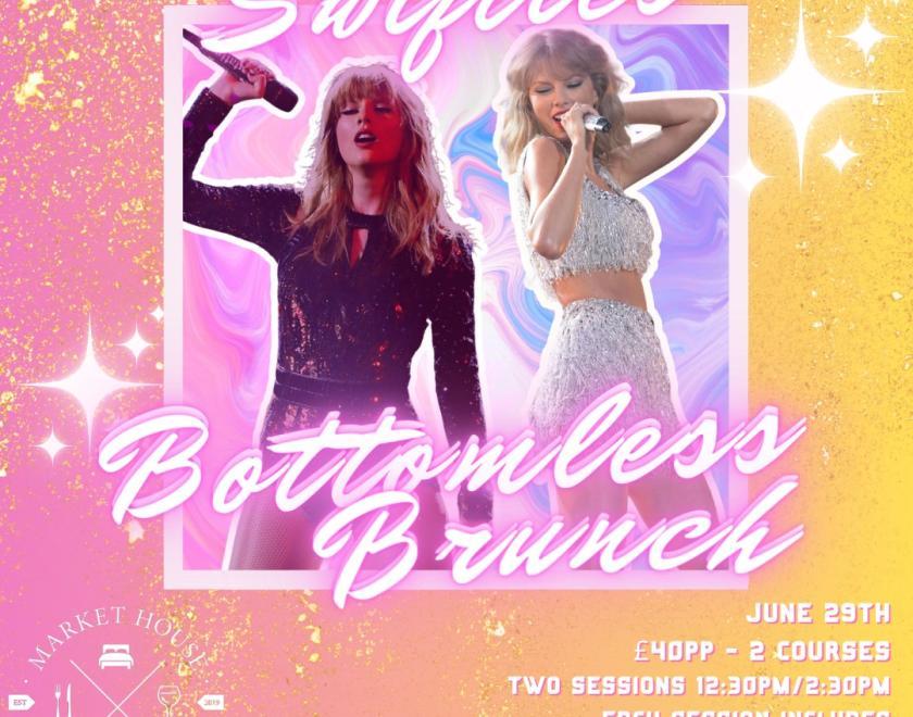 photos of Taylor Swift on an orange and pink background with the words swifties bottomless brunch in pink writing