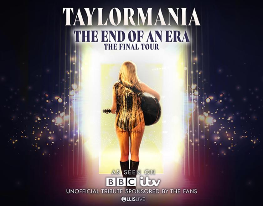 Event Banner. A photo of performer Katy Ellis dressed as Taylor Swift, with her back to the camera walking through a lit doorway, holding a guitar.