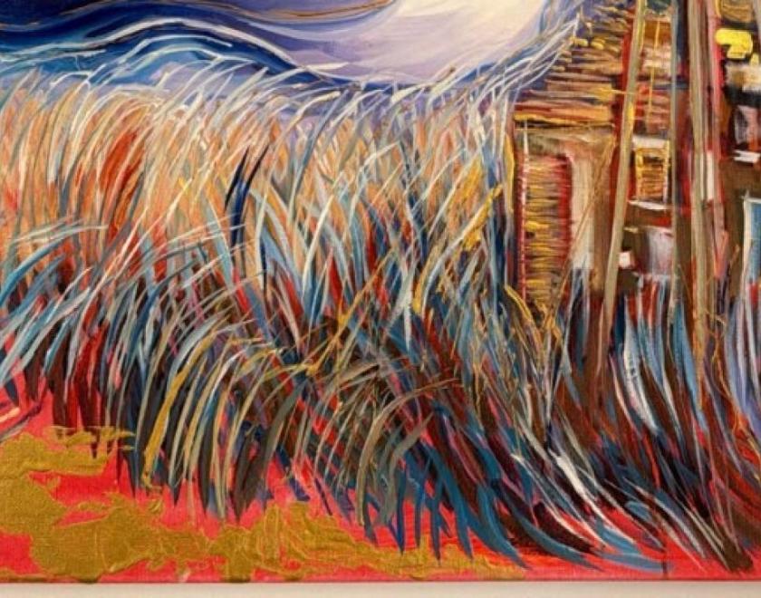 Painting of a barn in a colourful field