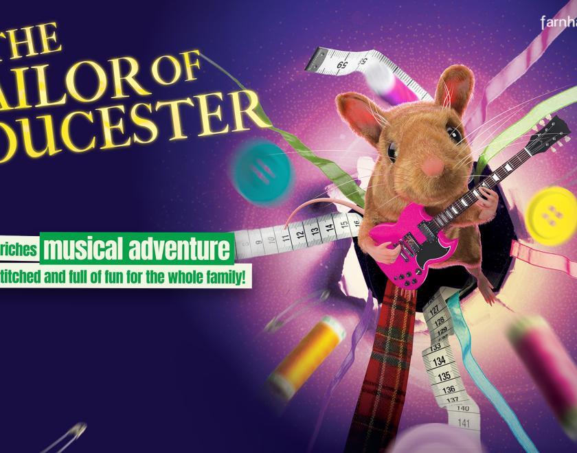 Event poster with a photoshopped image of a mouse playing the electric guitar, surrounded by measuring tapes