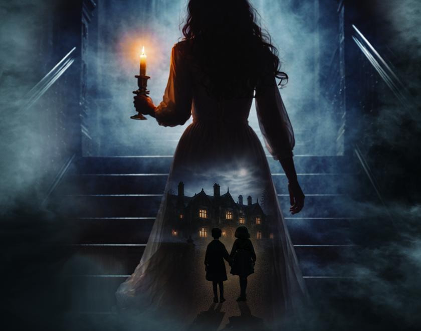 A haunting image of a woman holding a candle as she ascends a shadowy staircase. Mist surrounds her while the silhouette of a country house and two children appear within her flowing dress, creating an eerie sense of mystery and psychological suspense.