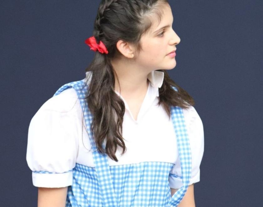 A girl in a blue and white gingham dress looking to her left. 