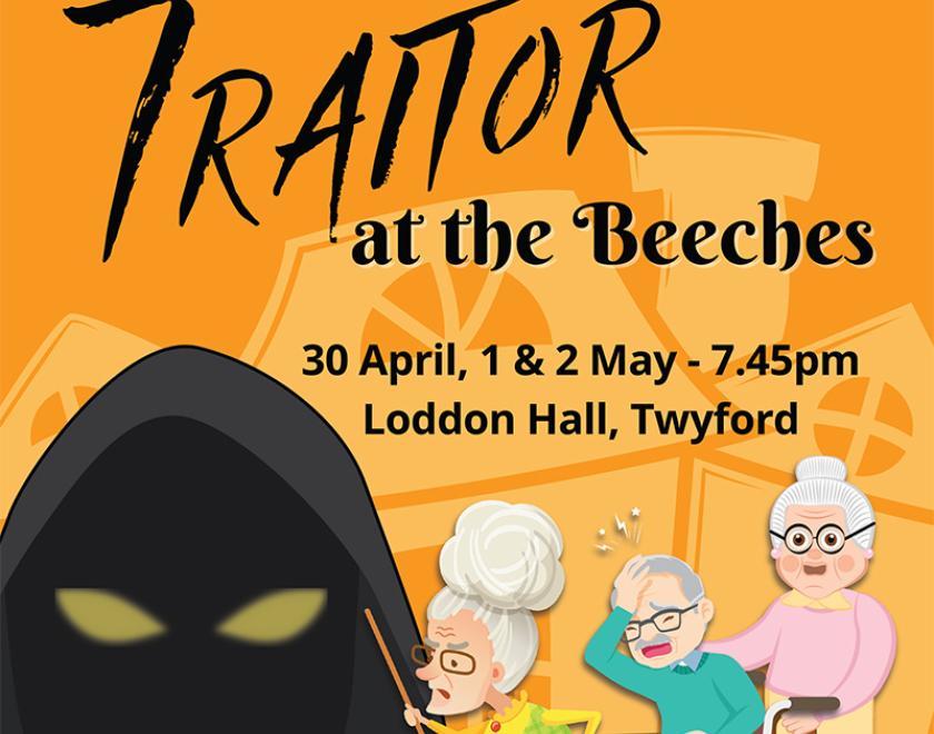 Poster for Traitor At The Beeches featuring cartoon images of old men and women, and a hooded figure with glowing eyes