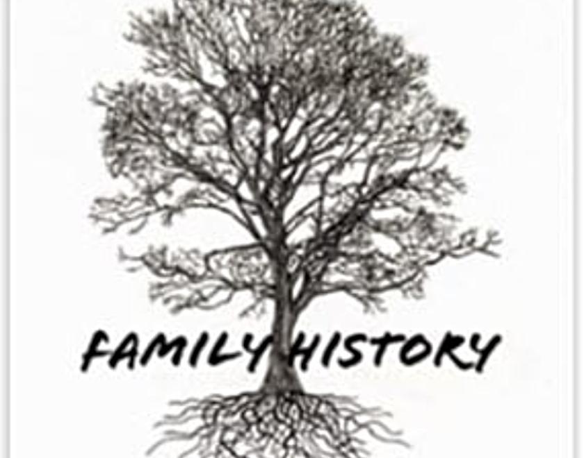 Black and white image of a tree with a title 'family history'