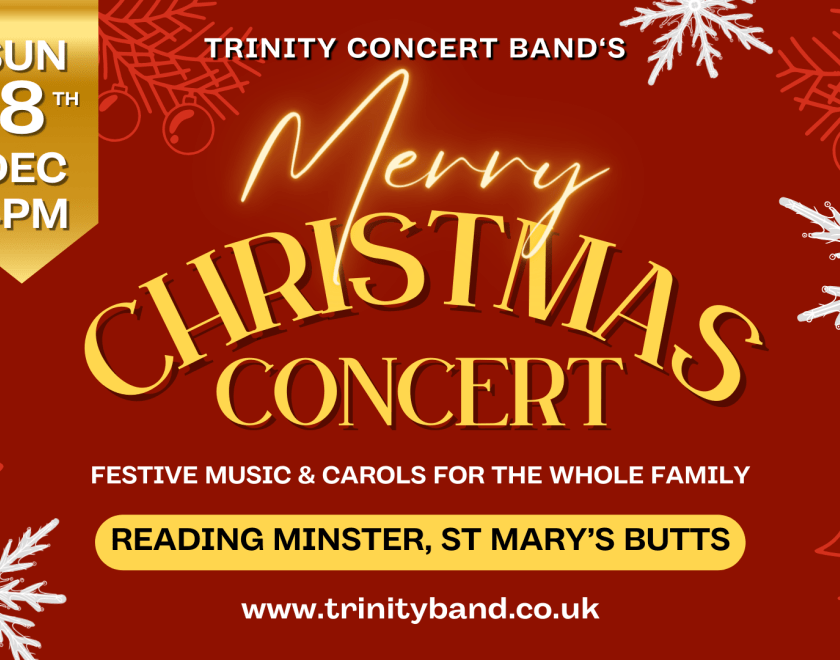 Red background with white snowflakes and Christmas trees with text: Trinity Concert Band's Merry Christmas Concert, Festive Music & Carols for the Whole Family, Reading Minster, St Mary's Butts, Sunday 8th December at 4pm