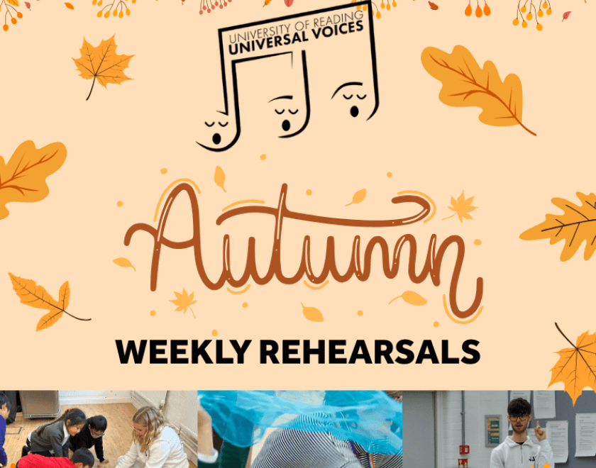 Graphic promoting Universal Voices Autumn Term weekly rehearsals.