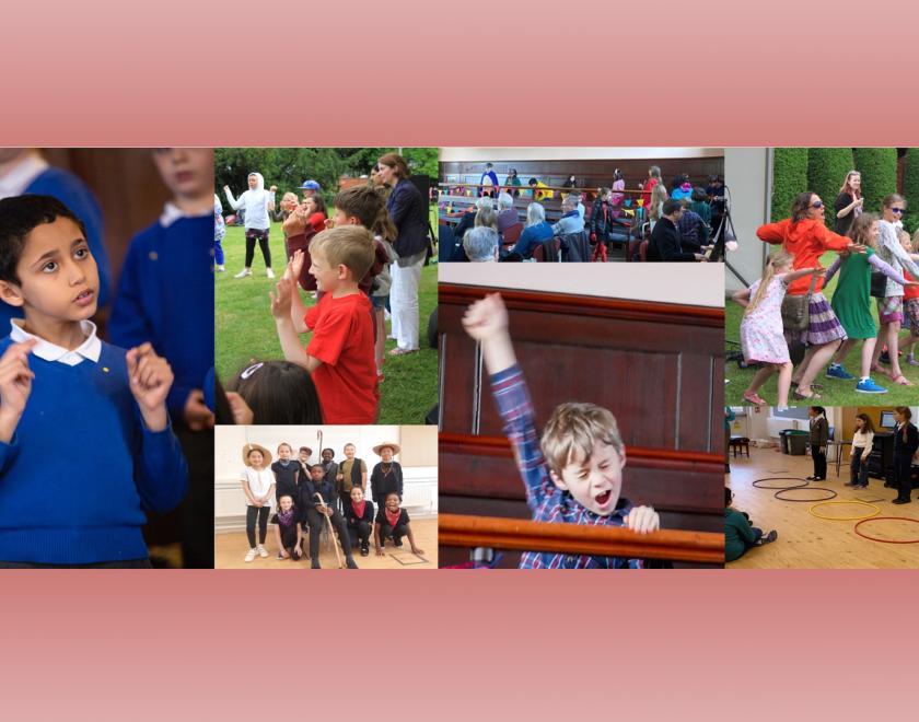A collage of children singing, playing and having fun at Universal Voices