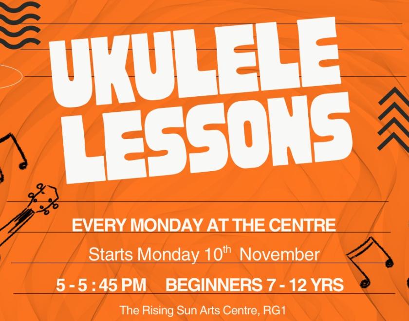 Ukulele Lessons poster with artwork of ukuleles and musical notes