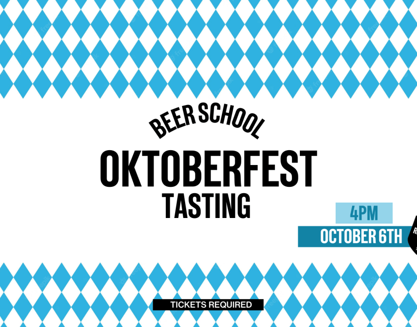 Oktoberfest flags in blue border and text advertising the event.