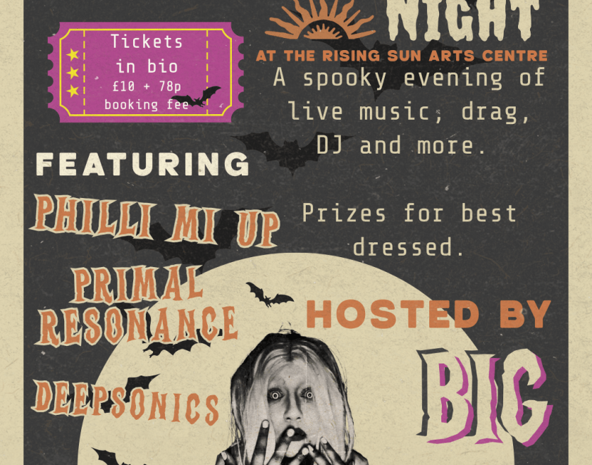 Event poster with an image of a drag performer and a list of the acts