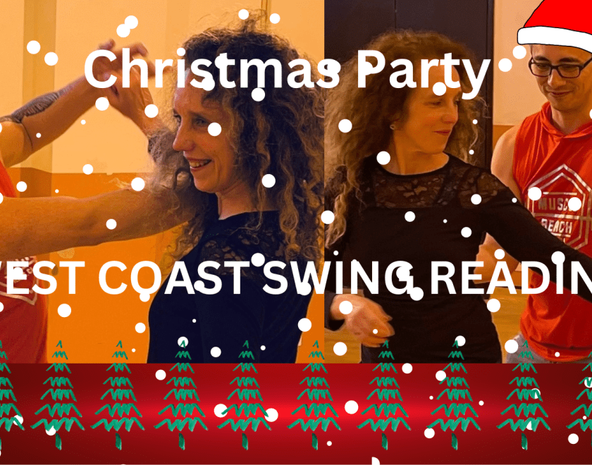 Montage of West Coast Swing dancers with a festive theme. 