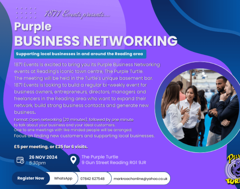 1871 Events is excited to bring you its Purple Business Networking events at Reading's iconic town centre, The Purple Turtle.  The meeting will be held in the Turtle's unique basement bar.  1871 Events is looking to build a regular bi-weekly event for business owners, entrepreneurs, directors, managers and freelancers in the Reading area who want to expand their  network, build strong business contacts and generate new business.  Format: Open networking (20 minutes), followed by one minute  to talk about yo