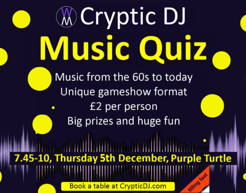 CRYPTIC DJ - MUSIC QUIZ Music from the 60s to Today. £2pp Rounds include: - Name That Tune - Pictures and Lyrics - Cryptic Links Book your table at crypticdj.com Teams of 2 to 6 Book your table @ https://www.crypticdj.com/