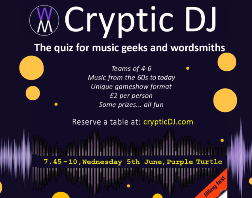 CRYPTIC DJ - MUSIC QUIZ  Really popular Music Quiz returns to the Turtle and fills up very quickly Music from the 60s to Today Teams of 4 to 6 Book your table @ https://www.crypticdj.com/