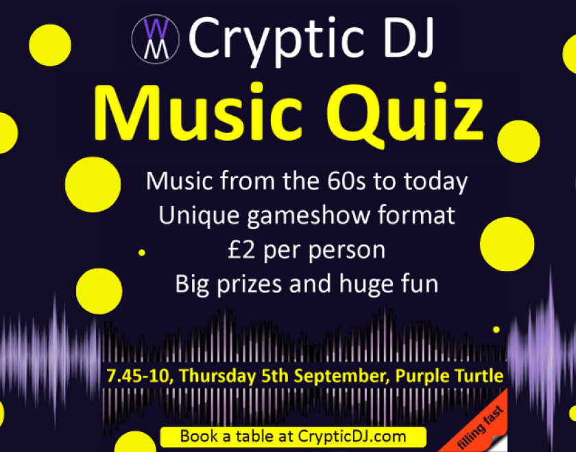 CRYPTIC DJ - MUSIC QUIZ  Popular music quiz returns to the Turtle   Music from the 60s to Today.   Rounds include: - Name That Tune - Pictures and Lyrics - Cryptic Links   £2pp Teams of 2 to 6   Book your table @ https://www.crypticdj.com/