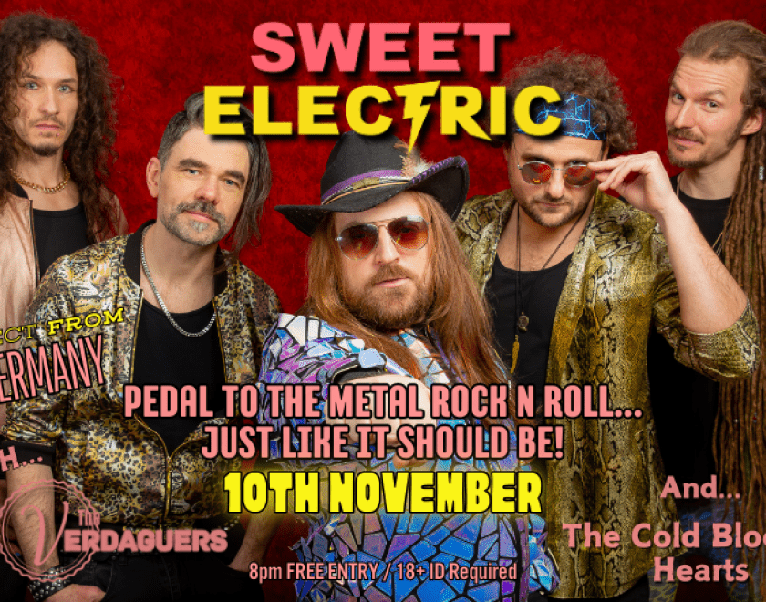 German/Australian rockers Sweet Electric return to the UK for a week of good times this November.  The 5 piece party rockers are based in Cologne Germany but fronted by Australian mad man and former front man of Massive, Brad Marr. In the bands short, less than 2 year history, they have already racked up multiple international tours supporting the likes of Phil Campbell and the Bastard Sons and US rock band Kickin Valentina, performed live on national TV for Rockpalast and built a loyal following of like mi