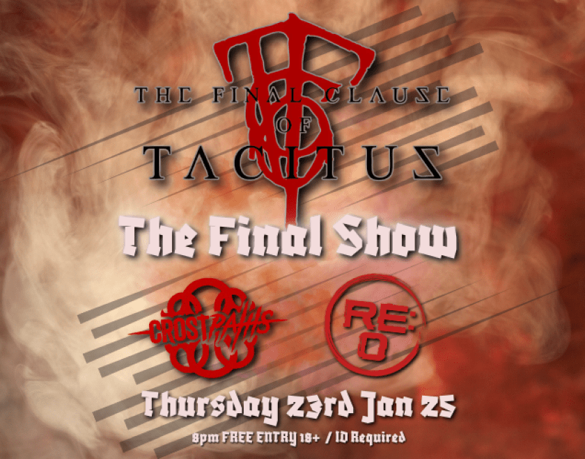 The Final Clause of Tacitus (FINAL SHOW) @tfcot "After 8 years, 4 drummers, 1 album, 3 EP's and all the singles and live shows in between....we are finally calling it a day. Come and join us for the final farewell show at The Purple Turtle on 23rd January 2025. We want to celebrate with you the only way we know how, so lets get funky for one last time." supported by Crostpaths @crostpaths and ReO @reotheband FREE ENTRY / 18+ ID Required #purpleturtlerocks #purpleturtlereading #whatsonreading #readingnightso