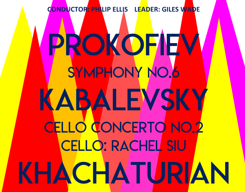 Poster for West Forest Sinfonia Autumn Concert 2025 with details of the pieces being performed in front of some brightly-coloured triangles