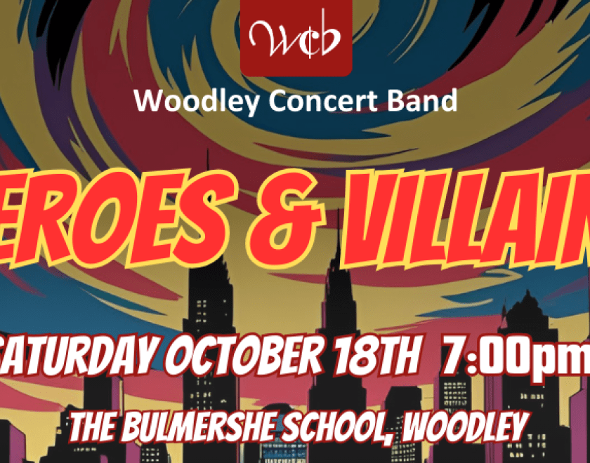 Heroes and Villains Concert Banner with stylised text and comic-book style cityscape