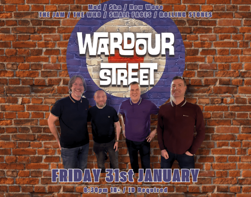 WARDOUR STREET  From the igniting spark of The Jam, backwards into the '60s (Small Faces, The Kinks, The Who), and forwards into New Wave and 2-tone (The Clash, The Ruts, The Specials, The Beat) and the Mod Revival (Secret Affair, Purple Hearts, The Chords), Wardour Street are the real deal Mod and New Wave covers band…pure Fred Perry-adorned modernist joy ?  Bring your dancing shoes.  FREE ENTRY / 18+ ID Required