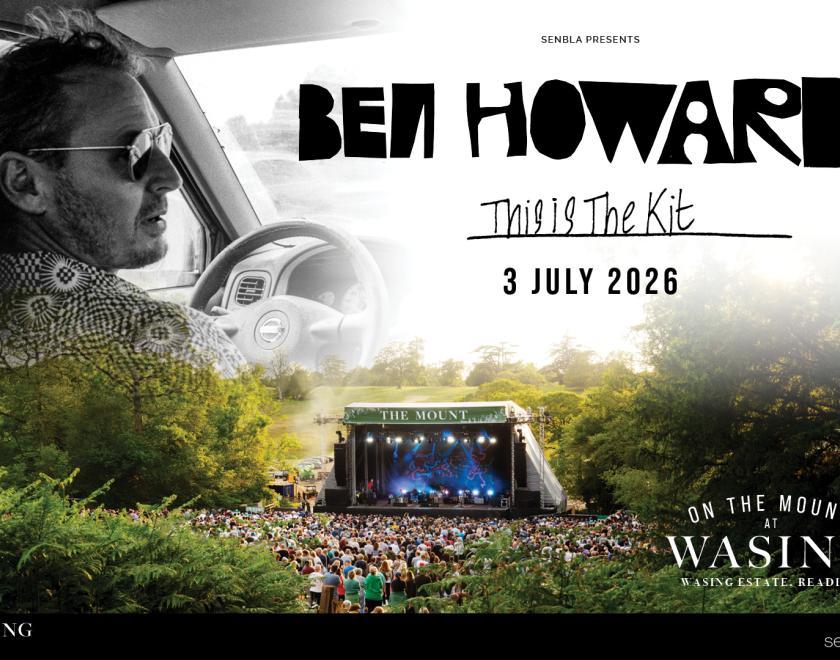 Poster for On The Mount At Wasing: Ben Howard with an image of Ben hovering over the Wasing stage