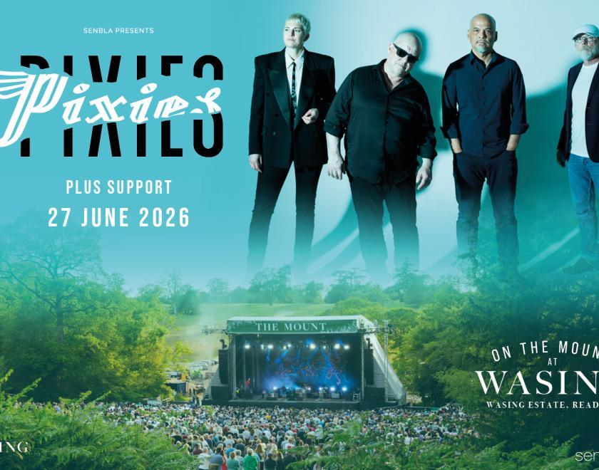 Poster for On The Mount At Wasing: Pixies with an image of the band hovering over the Wasing stage
