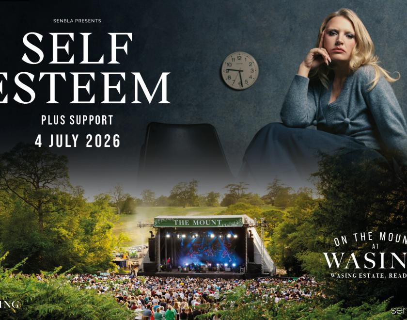 Poster featuring an image of singer Self Esteem floating above the Wasing stage