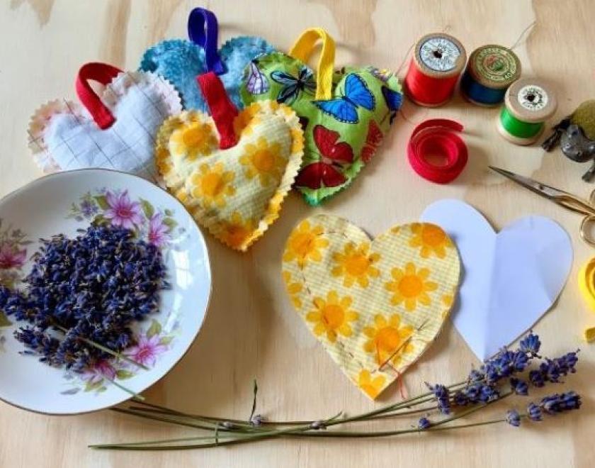 Craft items for making lavender heart keepsakes