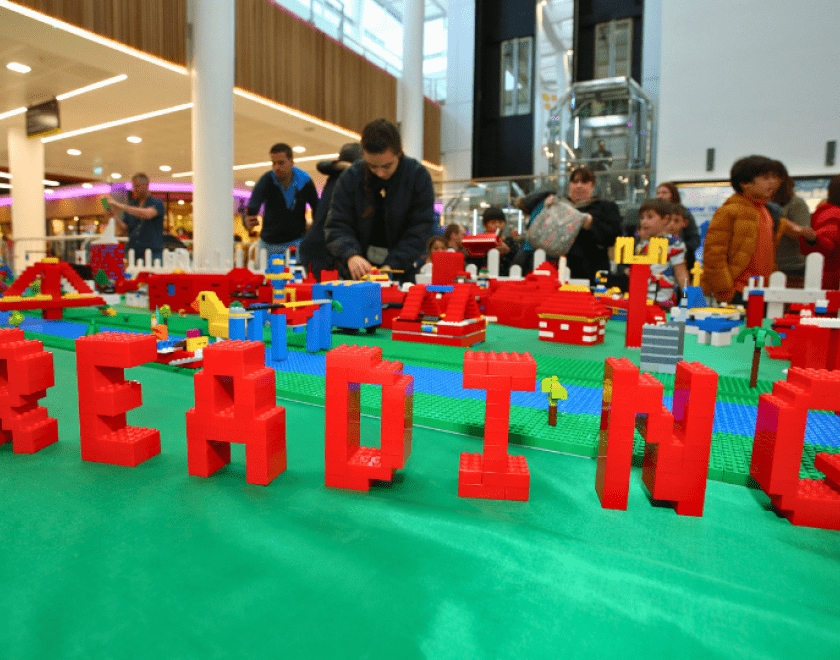'Reading' spelled out in Lego bricks