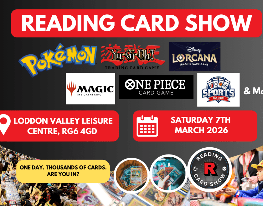 Reading Card Show poster featuring logos for Pokemon, Yu-Gi-Oh and other brands