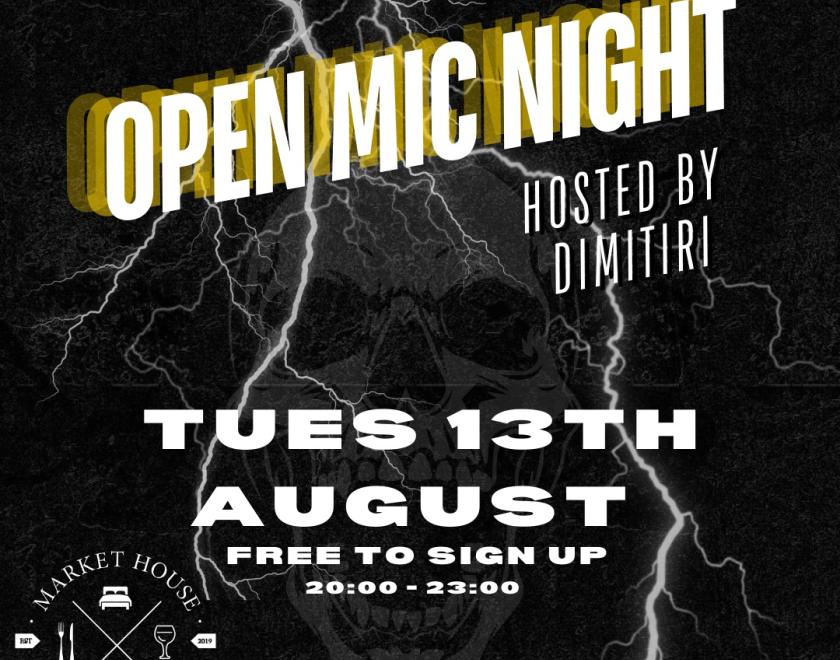 Open mic night in yellow text in front of lightning and a skull