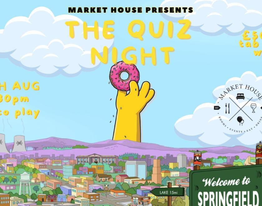 simpsons inspired art, photo of homers arm holding the donut over the town of springfield