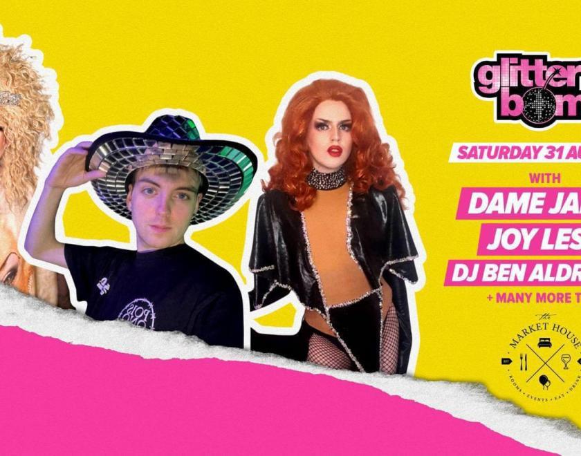 Photos of Drag artists Dame jane and Joy Less with DJ Ben Aldridge on a yellow and pink background