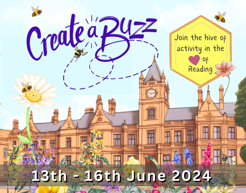 Create a Buzz logo with bees over Reading Town Hall