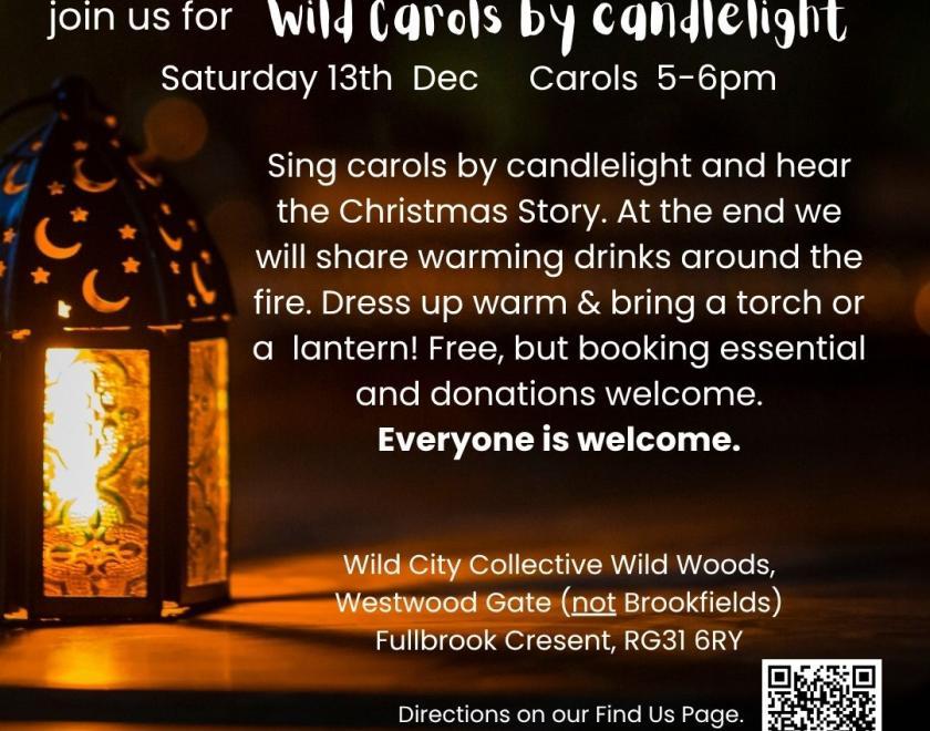 A lantern shines outside in the dark