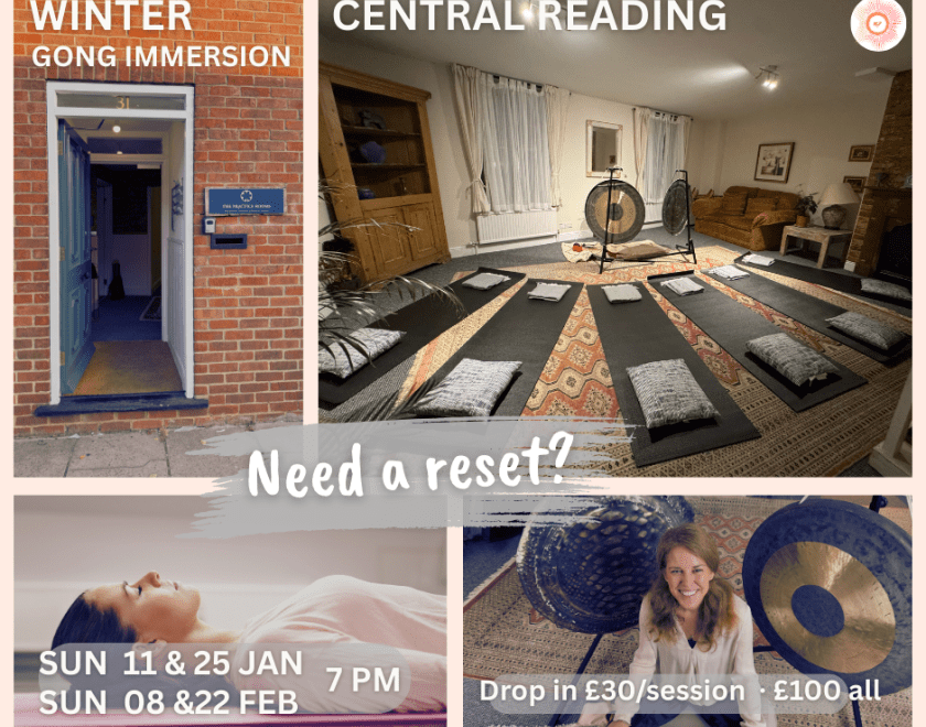 Image shows the venue entrance, room mat and instrument set up, relaxed participant and Dr. Rebeca with the gongs