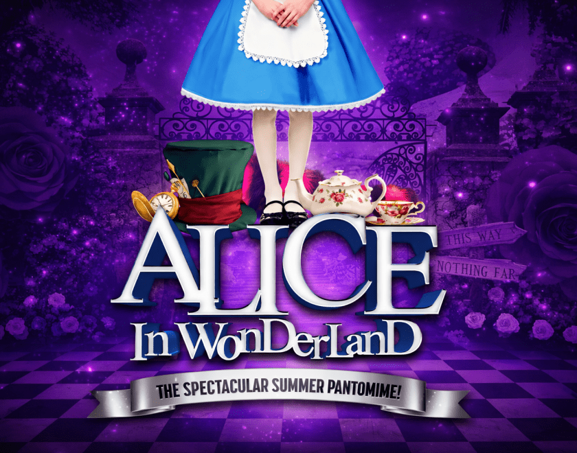 Poster for Alice in Wonderland with the title under an image of a woman dressed as Alice in a blue dress and white aprop, seen only from the wasit down, surrounded by various character props like the Mad Hatter's hat