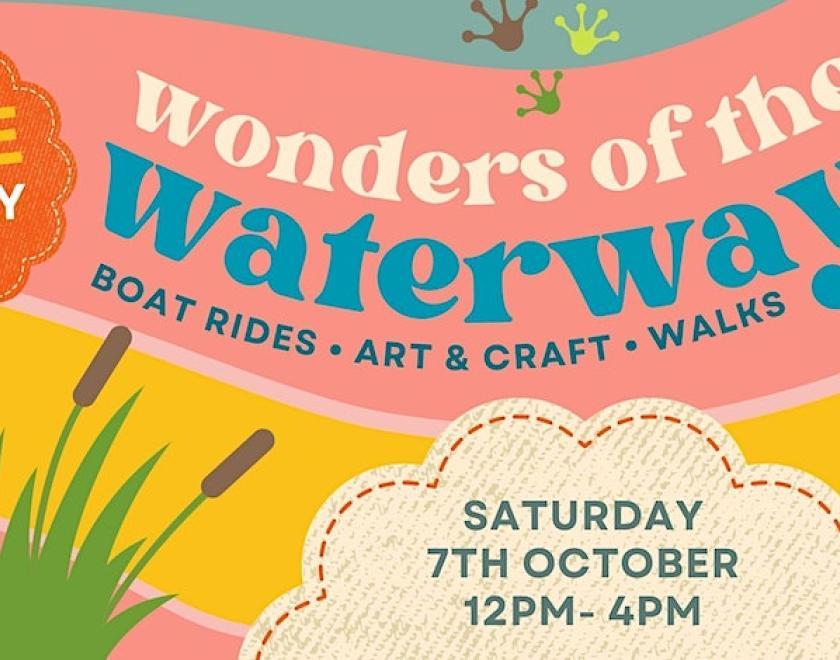 A brightly coloured banner titled Wonders of the Waterways with an heron and bull rushes