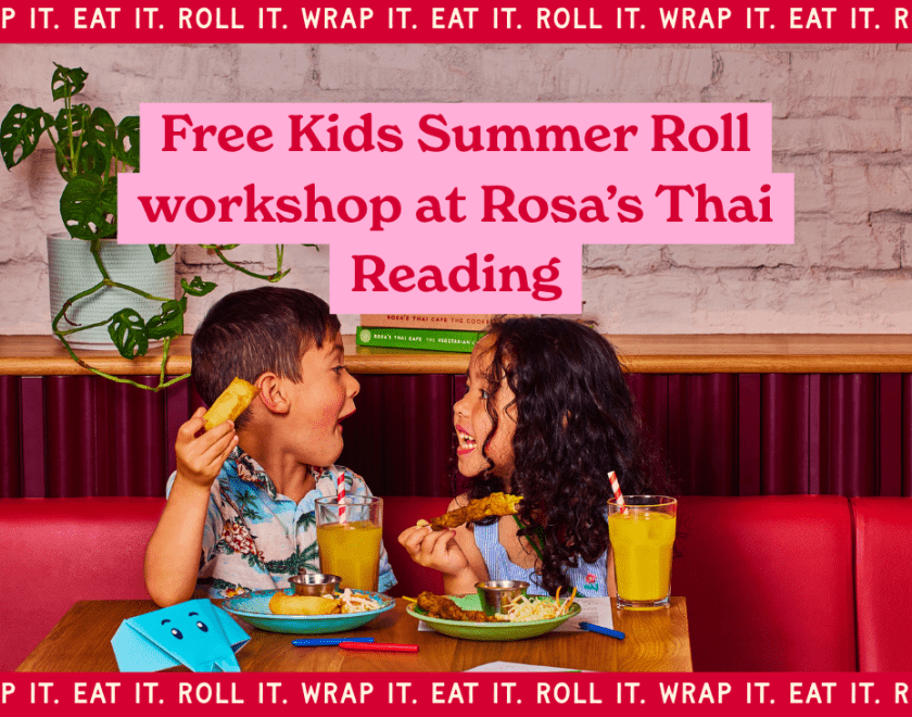 photo of 2 children eating food with the caption 'Free Kids Summer Roll Workshop at Rosa's Thai Reading'