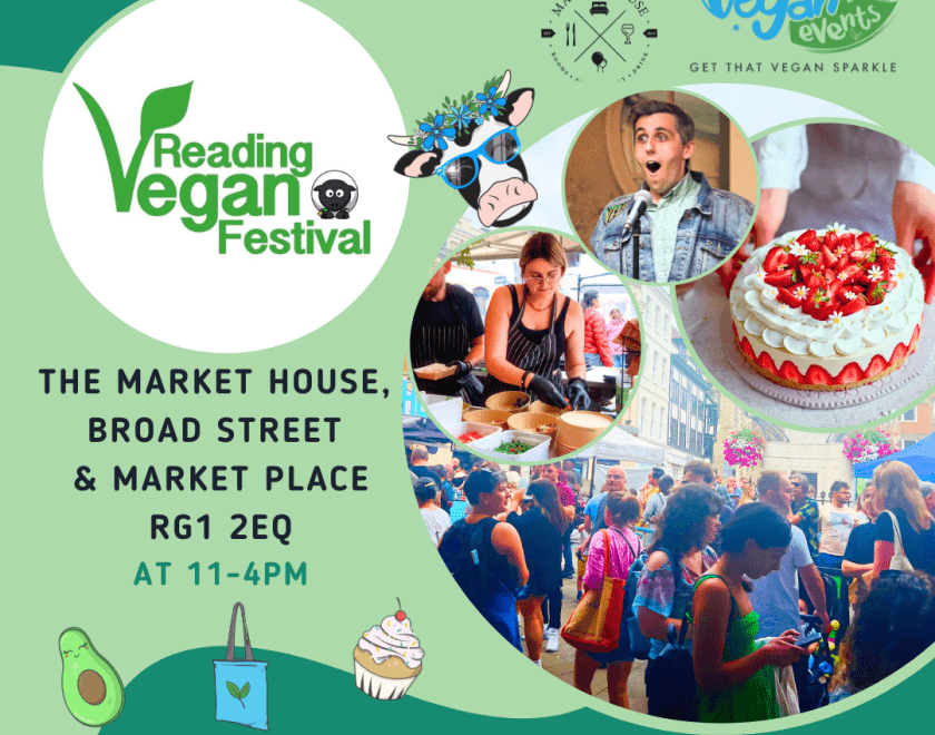Green poster for Reading Vegan Festival, at Market House and Market Place, featuring stalls, food, and community.