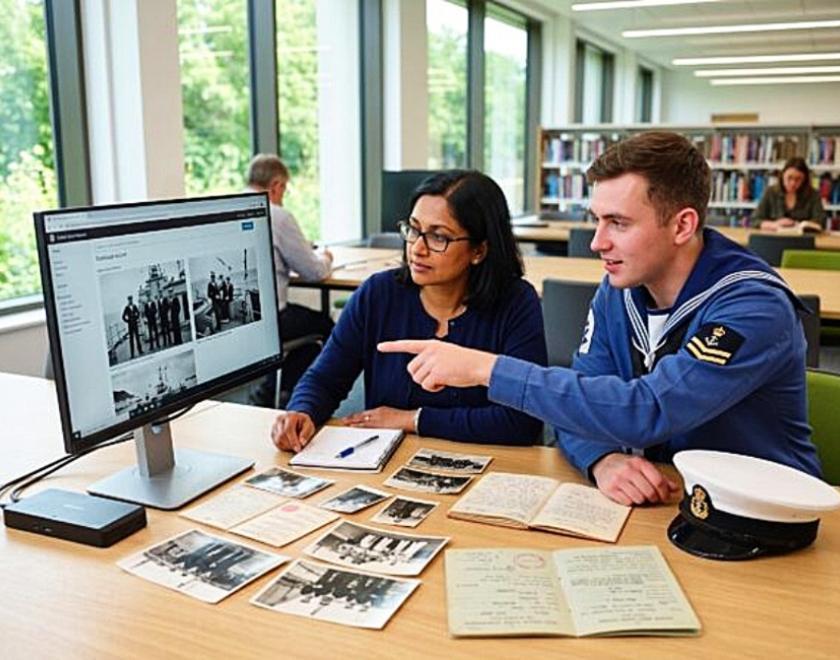 Sailor and young lady looking at a computer screen together