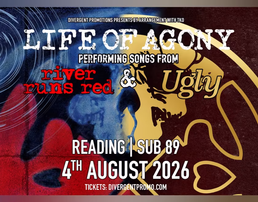 Poster featuring the band logo over an image that is a split of the album covers for River Runs Red and Ugly