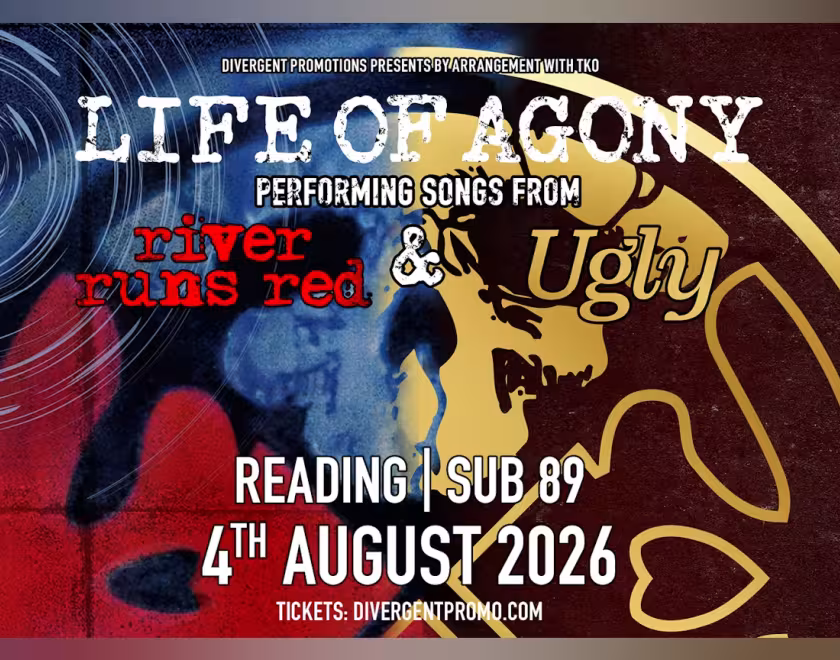 Poster featuring the band logo over an image that is a split of the album covers for River Runs Red and Ugly