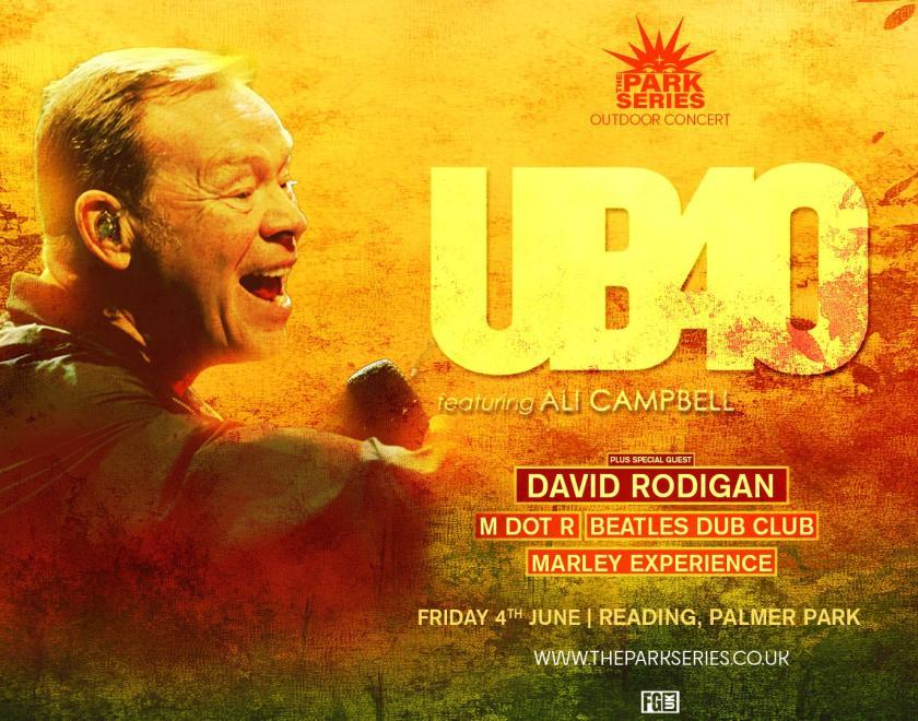 Poster with "UB40" in big letters over an image of singer Ali Campbell