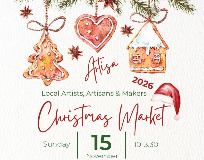 painted image of Christmas tree decorations with Christmas Market logo